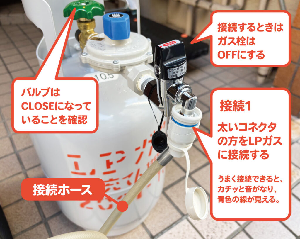 接続1:LPガスとホースを接続する